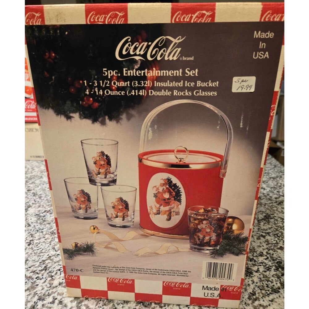 Coca-Cola Coke Santa Claus Christmas Ice Bucket with 4 Matching Glasses 470-C